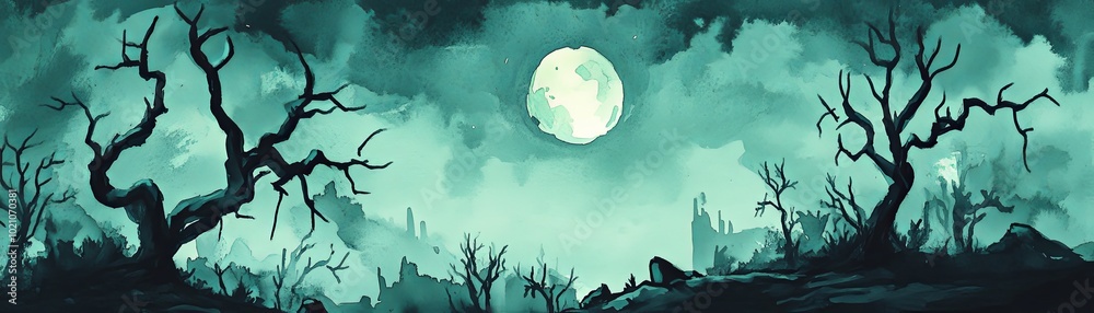 Fototapeta premium A gothic landscape illuminated by the full moon, moonlight casting a cinematic glow, watercolor washes blending with dark, haunting shadows