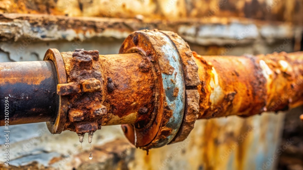A Rusty Pipe Leaking Water, a Symbol of Time and Decay A Rusty Pipe Leaking Water, a Symbol of Time and Decay