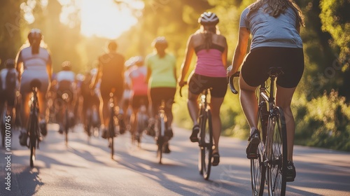 A group of cyclists riding along a scenic road during a golden sunset, promoting outdoor activity and healthy lifestyle.