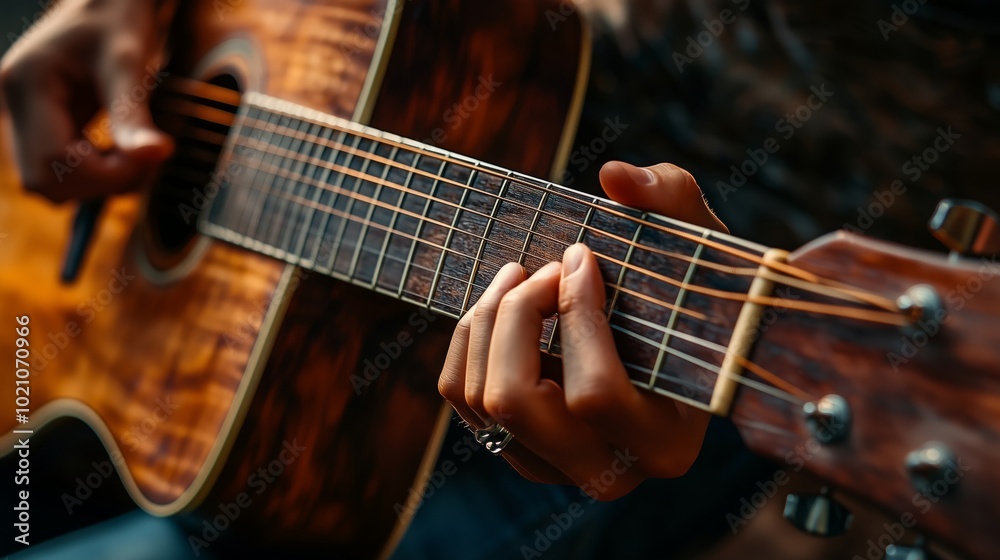 Fototapeta premium Close-up of Hands Tuning Vintage Acoustic Guitar