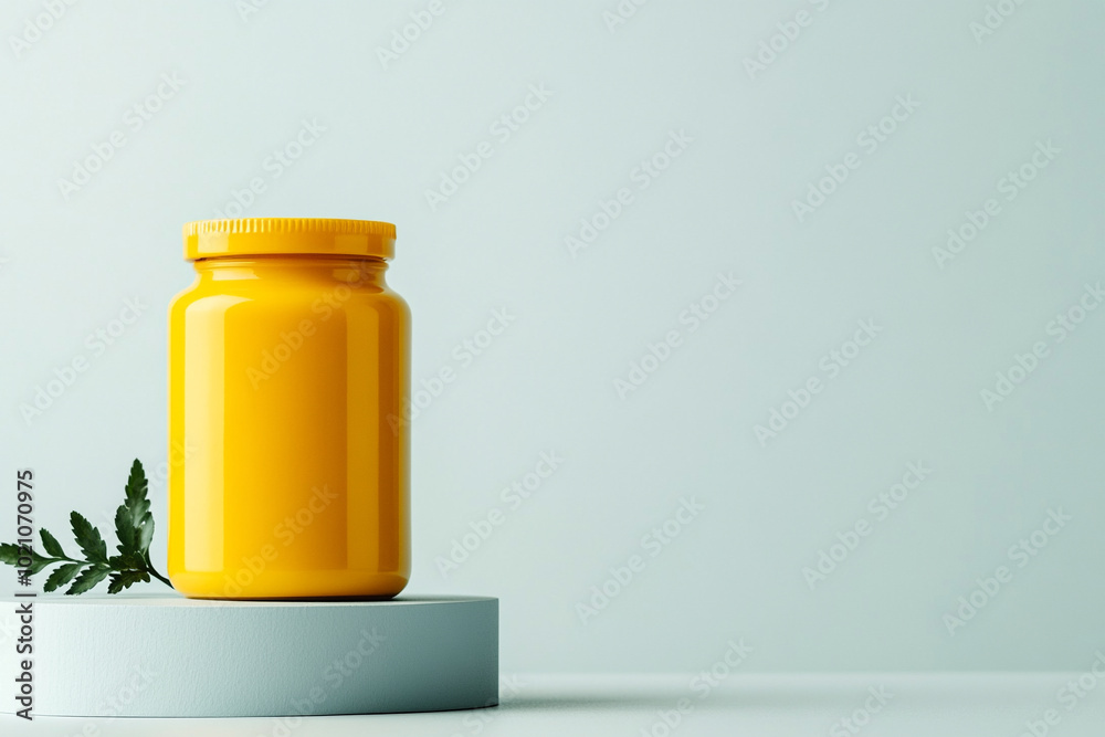 Yellow jar placed on a minimalistic pedestal with green leaf in a soft light setting. Yellow jar placed on a minimalistic pedestal with green leaf in a soft light setting.
