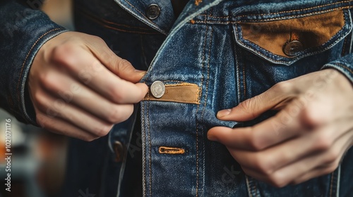 Hands Repairing a Vintage Denim Jacket Up Close photo