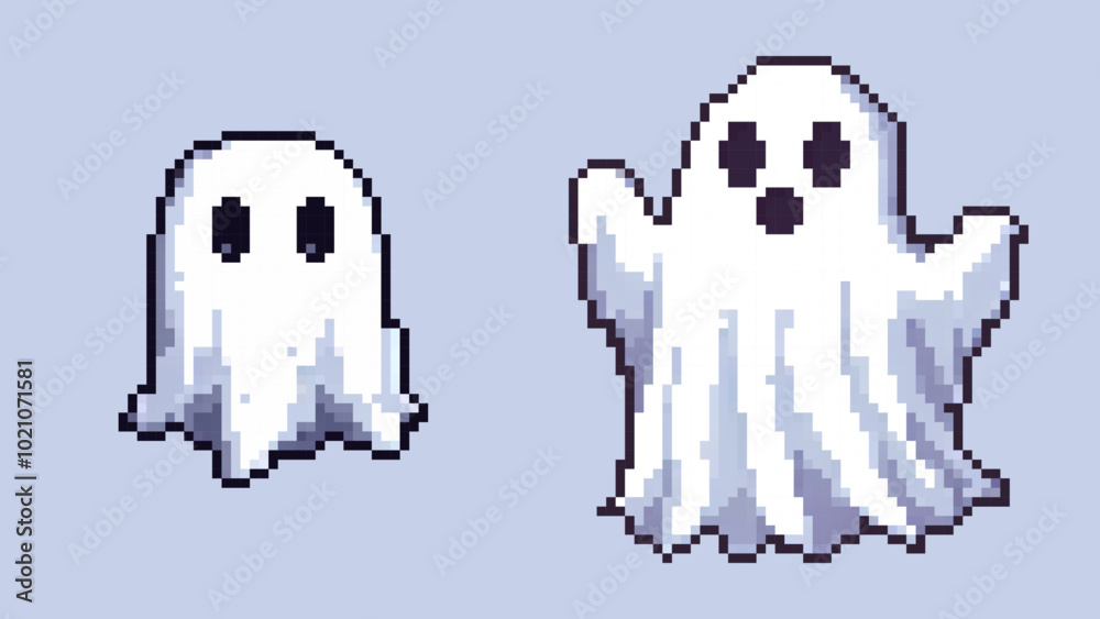 Pixel Art Ghost set for Halloween with a grey background. Pixel Art Ghost set for Halloween with a grey background.