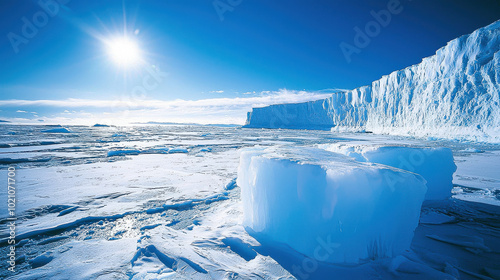 A vast icy landscape with prominent ice formations reflects brilliant sunlight under a deep blue sky, creating a serene and breathtaking arctic vista. photo