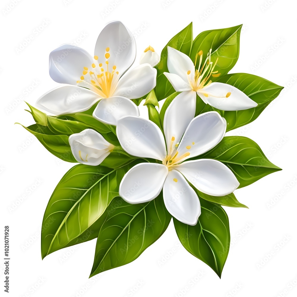 Illustration of White Jasmine Flowers and Leaves Illustration of White Jasmine Flowers and Leaves