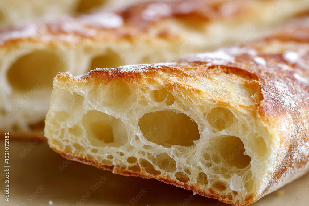 Close-up of a sliced baguette, revealing the soft airy texture inside and the crisp crust. Close-up of a sliced baguette, revealing the soft airy texture inside and the crisp crust.