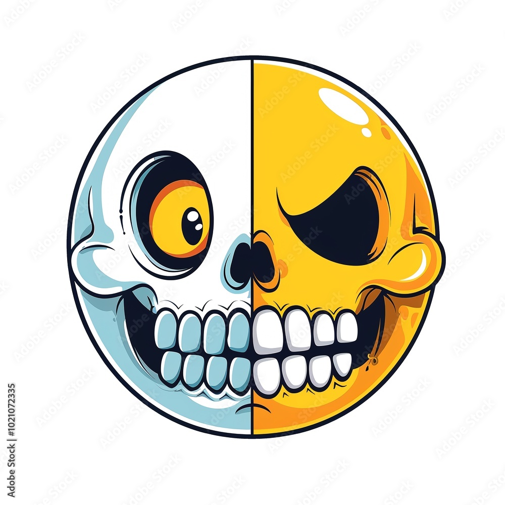 Cartoon skull smiley. TShirt Sticker. Cartoon Emoji With Double Skull Face, Creepy Evil Smile. AI generated. Cartoon skull smiley. TShirt Sticker. Cartoon Emoji With Double Skull Face, Creepy Evil Smile. AI generated.