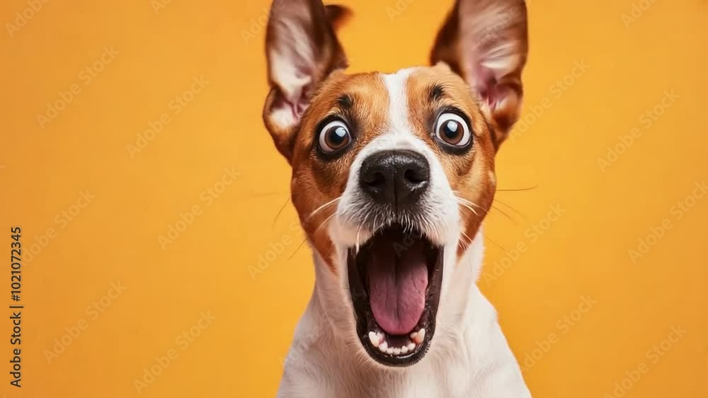 A dog expresses excitement with its mouth open and wide eyes, set against a bright orange backdrop conveying joy and energy