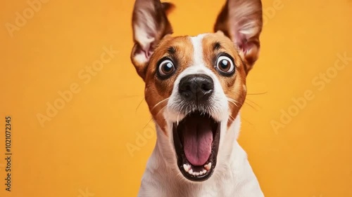 A dog expresses excitement with its mouth open and wide eyes, set against a bright orange backdrop conveying joy and energy