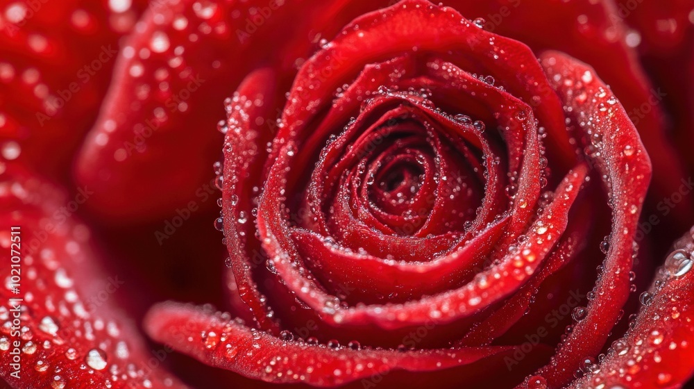 Close-up of a red rose with dew droplets shimmering on its vivid petals. Close-up of a red rose with dew droplets shimmering on its vivid petals.
