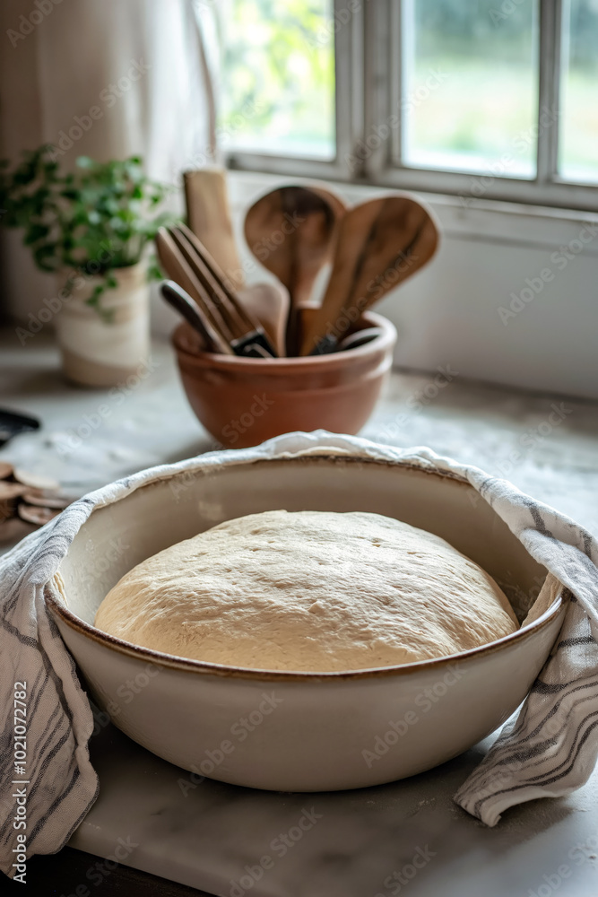 Dough rising in a large bowl, covered with a kitchen towel, on kitchen countertop with wondow in the background. Dough rising in a large bowl, covered with a kitchen towel, on kitchen countertop with wondow in the background.
