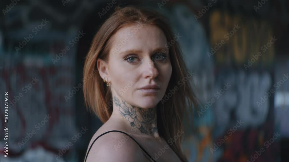 Close-Up Of Woman In Animal Print Sleeveless Top Against Graffiti Walls Close-Up Of Woman In Animal Print Sleeveless Top Against Graffiti Walls