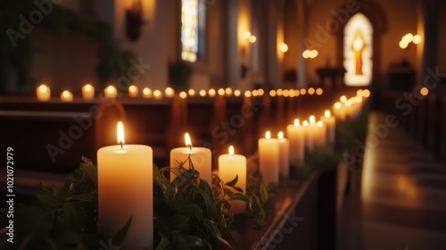 Row of lit candles in a church interior