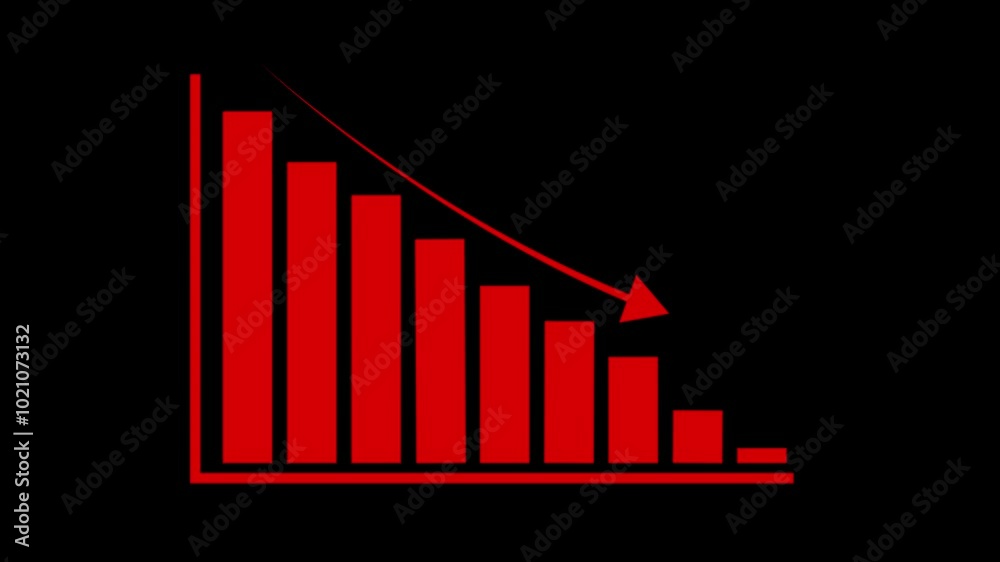 Down business graph icon in red color animation on black background. Down business graph icon in red color animation on black background.