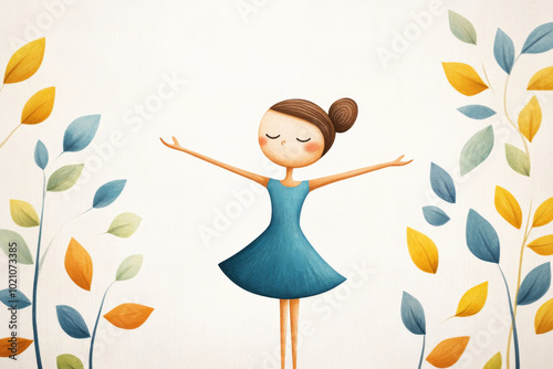  Une fille dans une robe bleue, les bras ouverts, entourée de feuilles colorées. Idéal pour des illustrations de nature et des projets pour enfants.