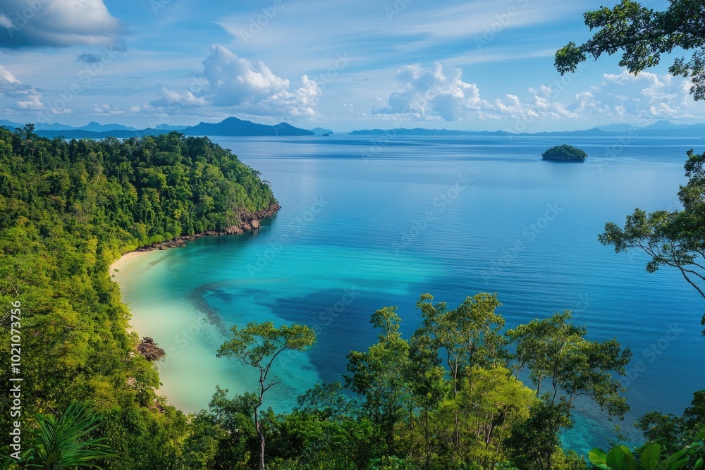 Naklejka premium Panoramic view of the coastline from a hilltop, with blue waters and white foam