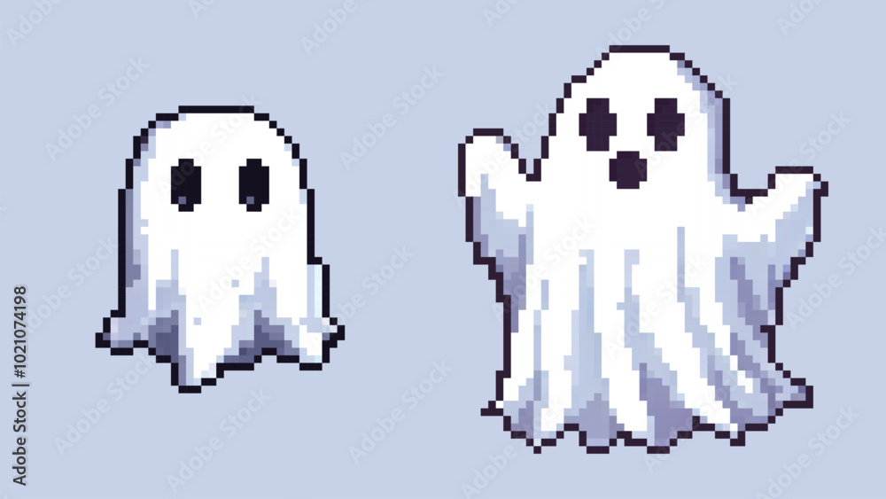 Pixel Art Ghost set for Halloween with a grey background. Pixel Art Ghost set for Halloween with a grey background.