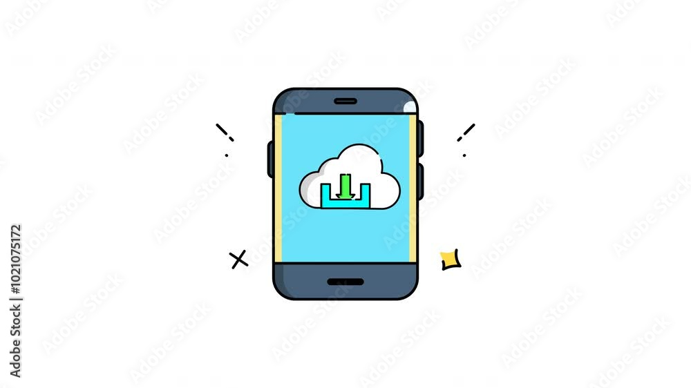 Smartphone screen with cloud and download arrow on a blue background, suitable for technology or cloud computing concepts. Download and access files easily. 4k Animation Smartphone screen with cloud and download arrow on a blue background, suitable for technology or cloud computing concepts. Download and access files easily. 4k Animation