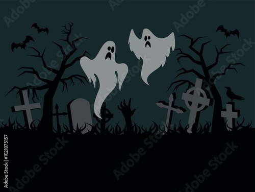 Dark spooky background with ghost and graveyard vector illustration. Template for background, banner, card. Halloween background with ghosts and cemetery vector. Night scary landscape with graves