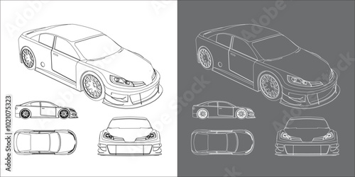 vector drift car line art draw blueprint wireframe from all view top corner side back isolated in transparent background
