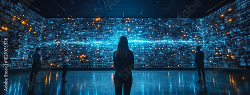 people standing toward a futuristic digital technology wall screen covered room with high tech environment and data      photo