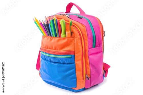 A vibrant backpack filled with colorful pencils, great for educational or creative projects photo