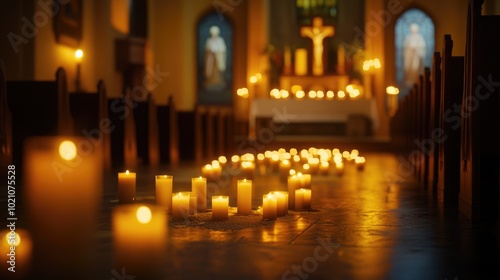 A church interior with many lit candles surrounding a cross
