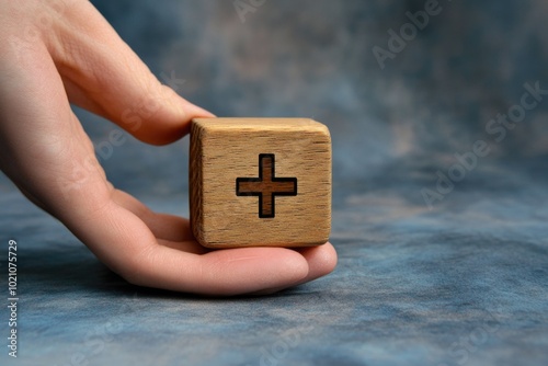 A person holds a wooden cube with a cross symbol, suitable for spiritual or symbolic uses photo