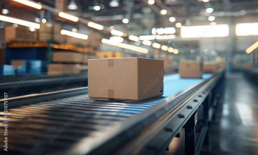Package on Conveyor Belt in Warehouse Package on Conveyor Belt in Warehouse