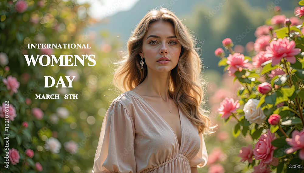 A woman is smiling in front of a pink background with the words International Women's Day. Concept of celebration and empowerment for women A woman is smiling in front of a pink background with the words International Women's Day. Concept of celebration and empowerment for women