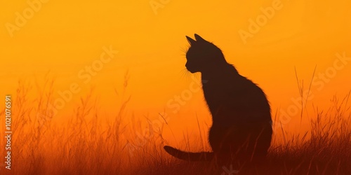 A cat sits amidst tall grass