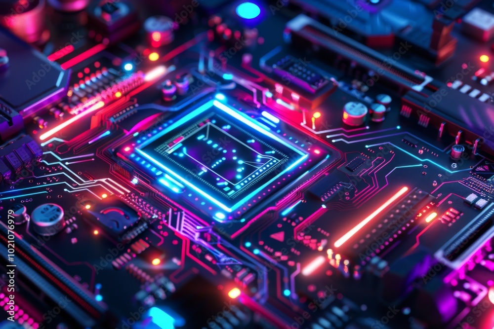 A vibrant digital circuit board illuminated by bright blue and red lights showcasing technology and innovation in a dark setting A vibrant digital circuit board illuminated by bright blue and red lights showcasing technology and innovation in a dark setting
