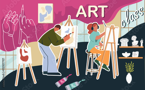Collage art class, workshop, fine art, vector flat illustration, people characters, art supplies, background,  illustration, template, layout, decorative, element, collection. Hand drawn design.