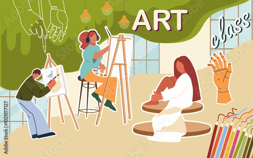 Collage art class, workshop, fine art, vector flat illustration, people characters, art supplies, background,  illustration, template, layout, decorative, element, collection. Hand drawn design.