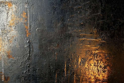 Abstrakte Metall Textur Rostige Oberfläche Dellen Kratzer Industrieller Look Gealtertes Design Dunkle Farben Goldakzente Vintage Stil Raues Muster Hintergrund Moderne Wandkunst Dekor Strukturierte Gra