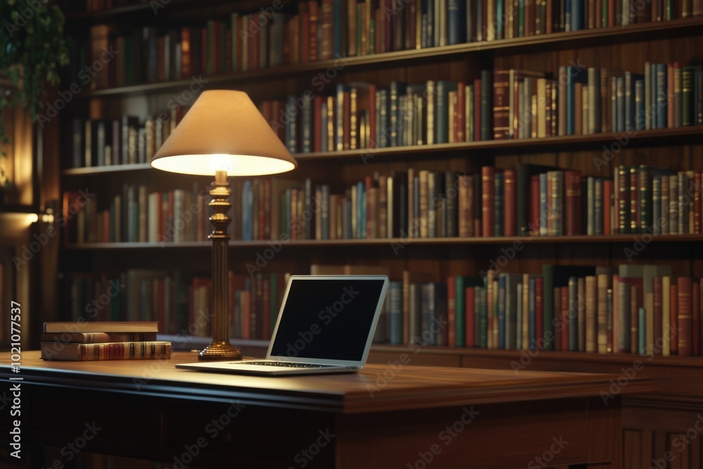 A laptop computer sitting on a wooden desk, ready for use