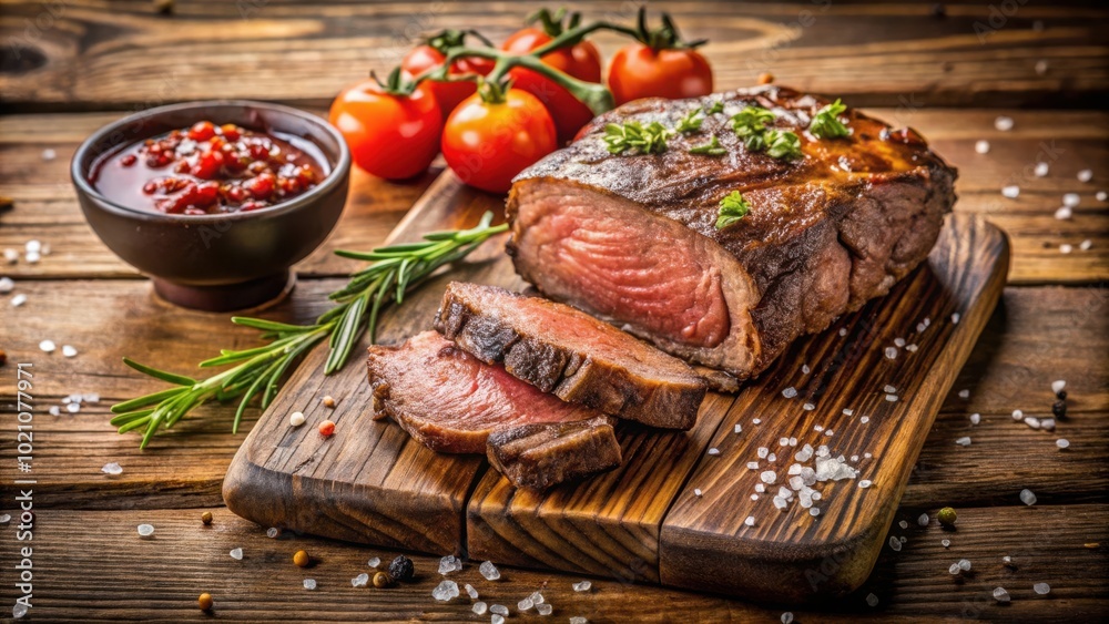 A Sizzling Steak with Rosemary and Tomato Garnish, Served on a Rustic Wooden Cutting Board A Sizzling Steak with Rosemary and Tomato Garnish, Served on a Rustic Wooden Cutting Board