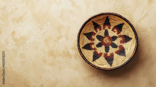This image showcases a beautifully crafted tribal basket featuring an intricate geometric star design, displayed against a textured beige background wall.