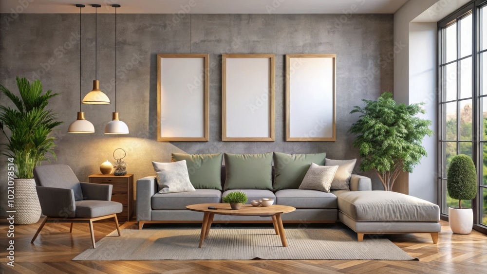 Modern living room interior design with gray sofa, wooden coffee table, potted plants, and three framed artwork on concrete wall Modern living room interior design with gray sofa, wooden coffee table, potted plants, and three framed artwork on concrete wall