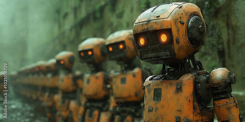 An army of futuristic robots stands at attention in a jungle setting An army of futuristic robots stands at attention in a jungle setting