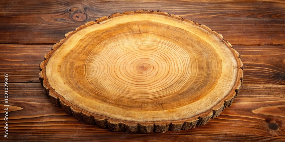 Rustic Wooden Slab with Visible Growth Rings on a Wooden Surface Rustic Wooden Slab with Visible Growth Rings on a Wooden Surface
