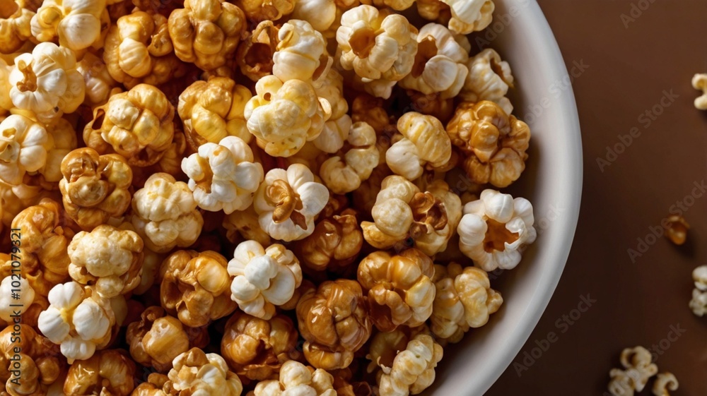 Sweet caramel popcorn in a bowl on a wooden background. Sweet caramel popcorn in a bowl on a wooden background.