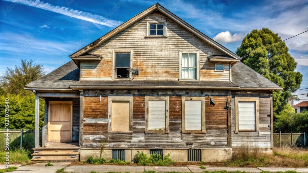 A Weathered Wooden House with Boarded Up Windows and a Gabled Roof A Weathered Wooden House with Boarded Up Windows and a Gabled Roof