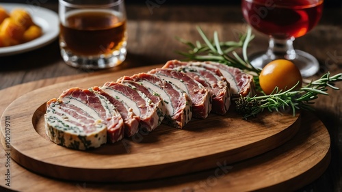 appetizing terrine charcuterie on wooden plate flat lay aesthetic setup for ads