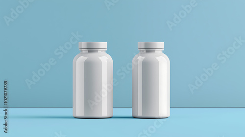 Two white pill bottles sit on a blue surface.