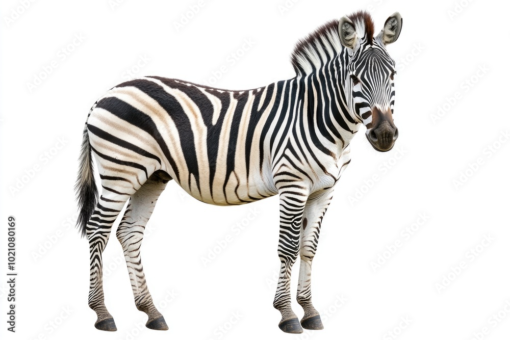 Obraz premium A close-up view of a zebra standing in front of a plain white background