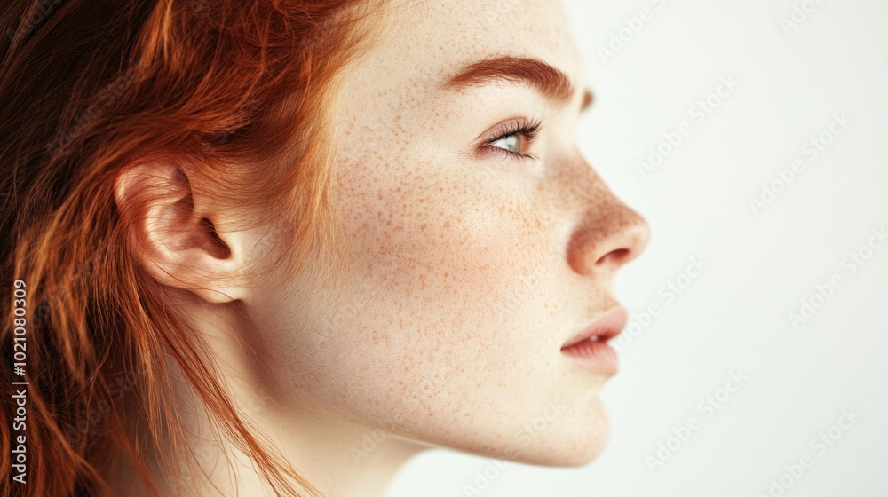 Close-up portrait of a woman with freckles, looking directly at the camera Close-up portrait of a woman with freckles, looking directly at the camera