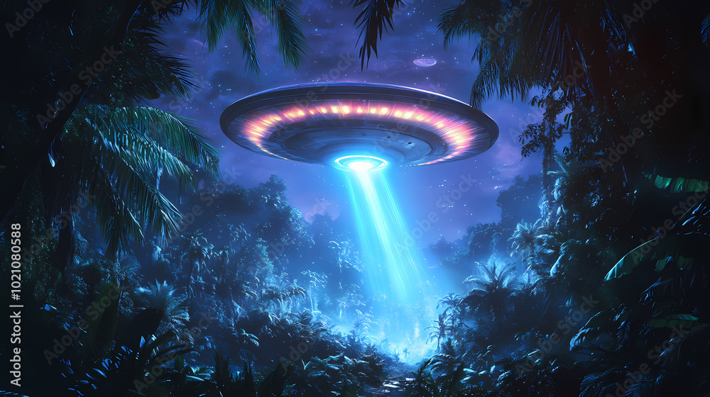 A bright, colorful ufo hovers above a lush, alien jungle at night ...