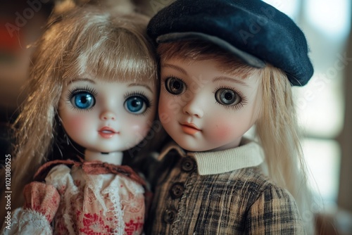 Two porcelain dolls sitting side by side photo