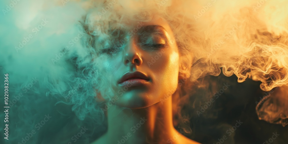 Fototapeta premium A woman amidst swirling smoke with vibrant colorful lighting.